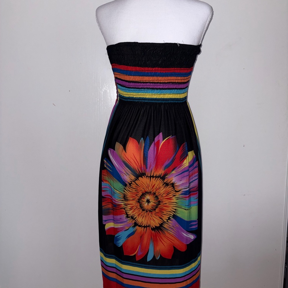 Black Strapless Midi Dress with Colorful Floral Print